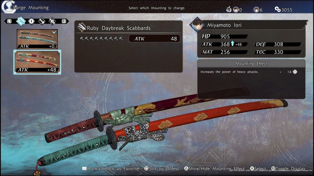 As opções de personalização da espada, captura de tela para o Review Fate/Samurai Remnant