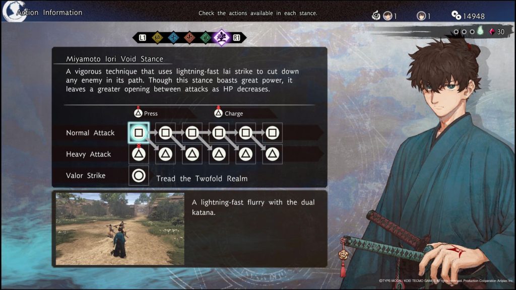 as possibilidades de combo captura de tela para o Review Fate/Samurai Remnant