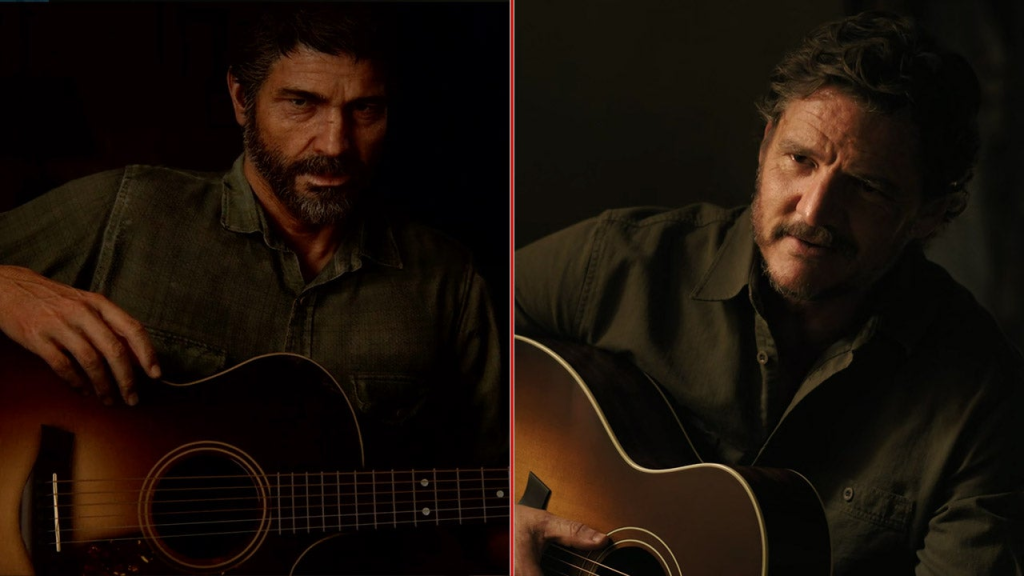 Imagem mostrando momentos marcantes do 6º episódio da série The Last of Us: o presente de Joel a Ellie com um violão
