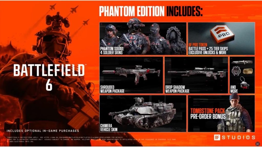Imagem promocional da Edição Phantom de Battlefield 6 com os itens do Pacote Lápide e recompensas do Pelotão Phantom, incluindo skins, armas e dog tags.