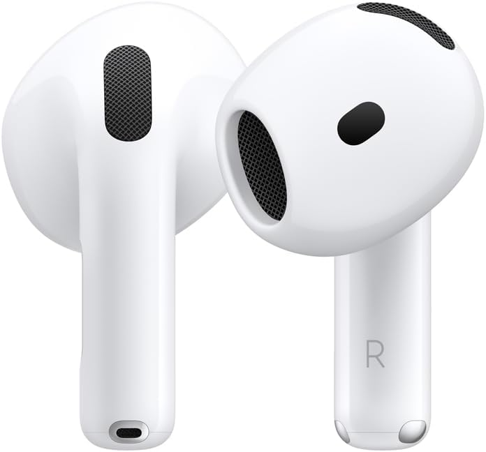 Imagem dos Apple AirPods 4 com design elegante e estojo branco característico da Apple.