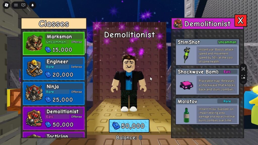 Roblox - Guia da Classe Demolidor em Survive Zombie Arena