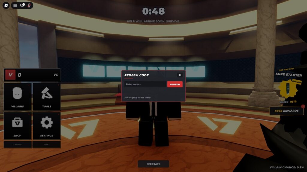 Roblox - Códigos de Hide From The Villain (junho 2026)